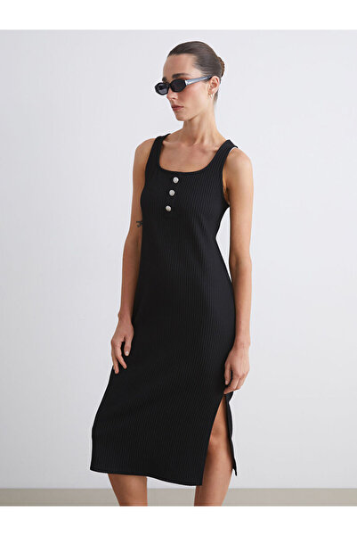 LC Waikiki Black U-Neck Ribbed Bodycon Dress