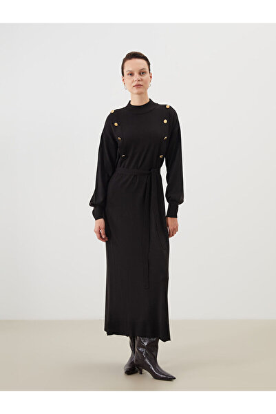 LC Waikiki Black Stand Collar Belted Knitwear Dress
