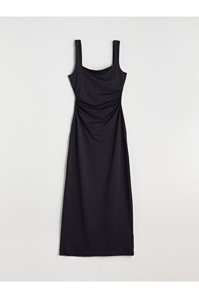 LC Waikiki Siyah Kare Yaka Büzgülü Bodycon Elbise