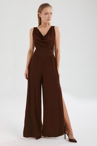 By Yaren Yazıcı Bitter Brown Degaje Collar Slit Detailed Mobile Belted Jumpsuit Made of Own Fabric
