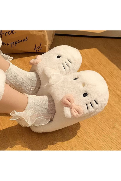 weywot Beige Hello Kitty Soft Furry Plush Slippers