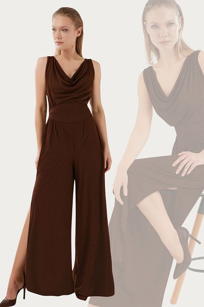 By Yaren Yazıcı Bitter Brown Degaje Collar Slit Detailed Mobile Belted Jumpsuit Made of Own Fabric