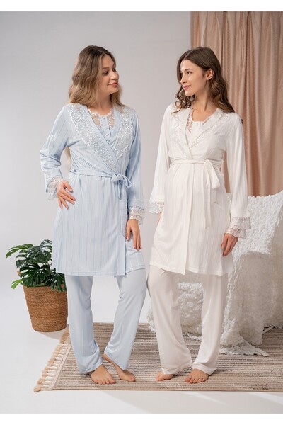 BLACKMORE Blue Jacquard Special Lace Design Cotton Long Sleeve Maternity Maternity Pajamas Set with 3-Piece Pajamas Set