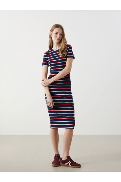 LC Waikiki Navy Blue Crew Neck Striped Dress