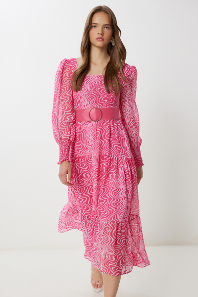 Lovelyİstanbul Φόρεμα σιφόν με μοτίβο με ζώνη LFG0087 ΡΟΖ