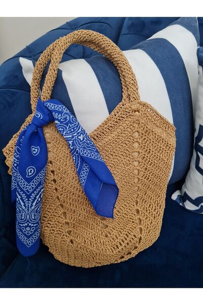 Melonndesign Geantă de plajă cu mânecă mică de paie cu eșarfă tricotată manual