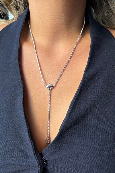 TAKIŞTIR Silver Color Stone Detailed Steel Y Necklace