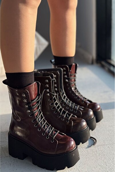 I Love Shoes Geselon Mat Deri Kalın Taban Bağcıklı Fermuarlı Bordo Kadın Bot