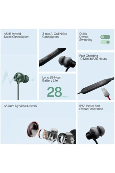 Oneplus Z2 Bullets Wireless ANC Bluetooth in Ear Earphones with Mic, 45dB Hybrid ANC, Bombastic Bass - 12.4