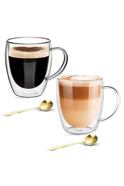 Generic Double Walled Glass Coffee Mug Set of 2 with Golden Stainless Steel S...