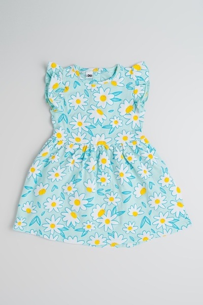 İDO - Dress with A-line cut, floral pattern and ruffled sleeves, White, Mint Green, 110 CM