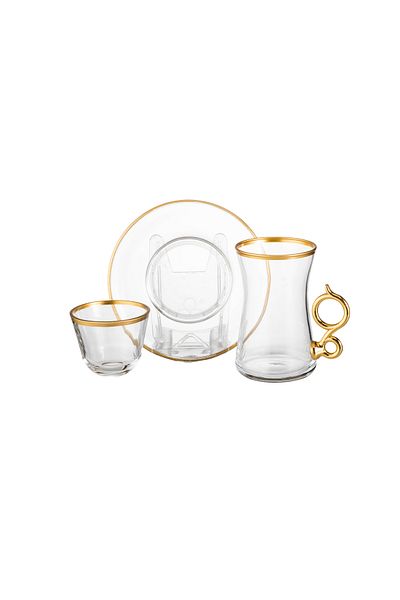 Byblos 18-piece clear glass tea set with gold line and gold metal handle, consisting of 6 cups + 6 saucers + 6 coffee pots