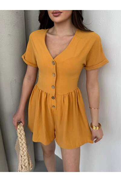 edz moda moda ve tarzın buluştuğu nokta Women's Orange Buttoned Shorts Jumpsuit Trend