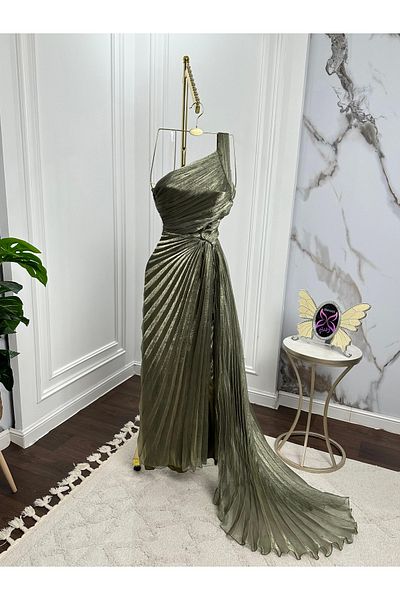 leevan fashion One-shoulder metallic olive green evening dress