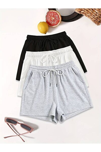 NoVibe طقم شورت نسائي قصير صيفي سادة غير مطبوع مكون من 3 قطع - شورت قصير كاجوال