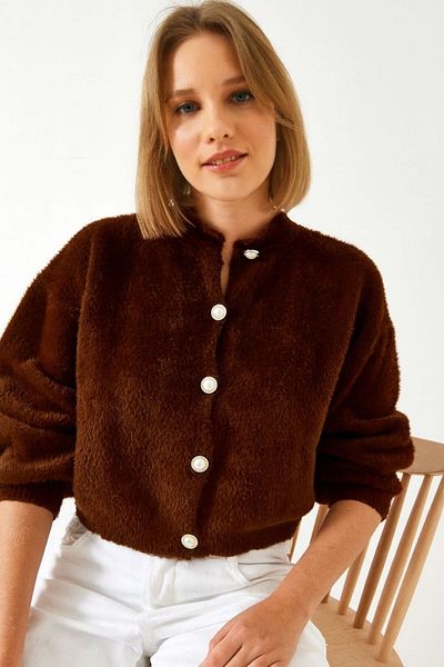 NATUFIAN STORE Women's Brown Pearl Buttoned Bearded Balloon Sleeve Women's Knitwear Soft Cardigan
