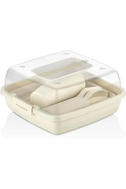 hepsiibirarada طقم نزهة مربع مكون من 32 قطعة، طبق نزهة، شوكة، ملعقة، سكين، كو...