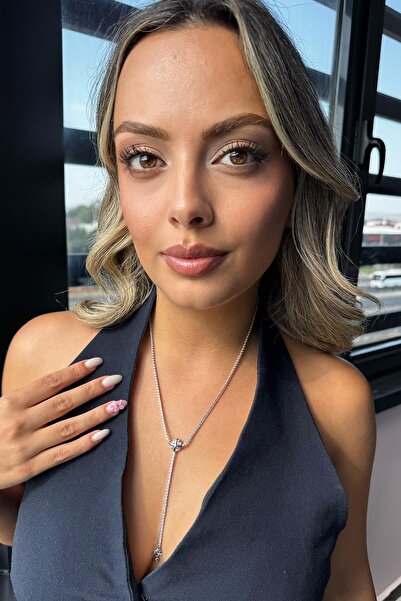 TAKIŞTIR Silver Color Stone Detailed Steel Y Necklace
