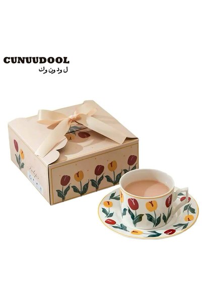Generic Vintage Tulip Floral Coffee Mug With Saucer Set, Hand-Painted 220ml B...