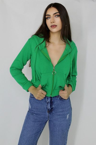 FashionForYou Adele short sweatshirt, with zipper, pockets and drawstring hood, Green, L