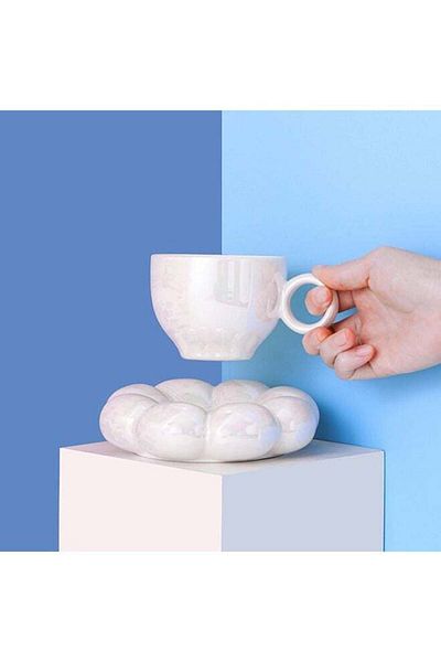 Generic ShebSheb Ceramic Flower Coffee Mug with Saucer,Creative Cloud Coffee Cup,Ceramic Tea Cup Mug for Co