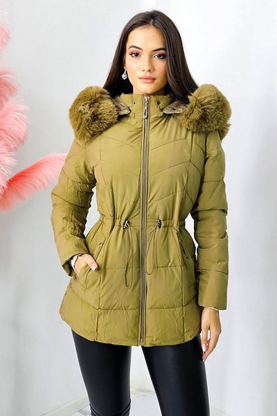 FashionForYou Iulia quilted jacket, with drawstring waist and fur hood, Khaki Green, S