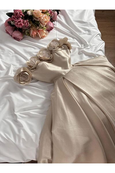 leevan fashion Beige midi dress with floral bodice