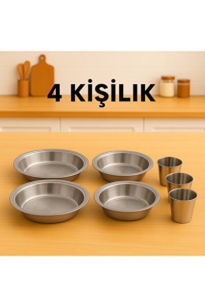 Metler 20 Cm Paslanmaz Çelik Tabak + Paslanmaz Çelik Bardak | 4 Kişilik Kamp,...