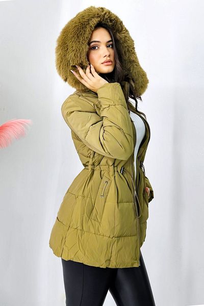 FashionForYou Iulia quilted jacket, with drawstring waist and fur hood, Khaki Green, S
