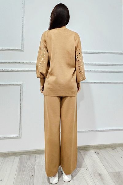 FashionForYou ALEXXA knit set, with long blouse, sequins and loose pants, Beige, Size S/M/L