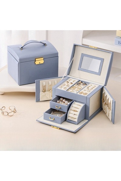 gaman Jewelry Carry Case - Table Top Jewelry Box 3 Drawers Blue Pu Leather with Key