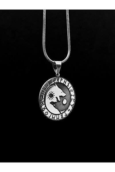 Es Silver Güneş & Ay Sembollü Bozkurt Kolye , Kolye Ucu 925 Ayar Gümüş-zincir Çelik