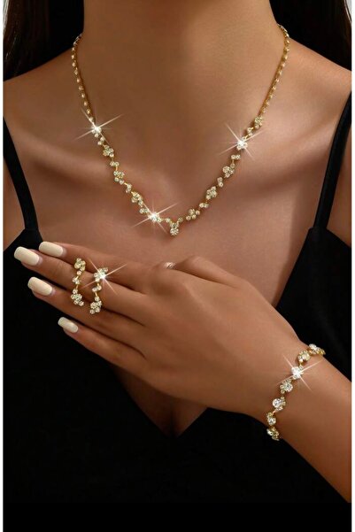 Renkada Gümüs Kaplama Asil Gold Kolye Küpe Ve Bileklik Seti 3'lü Set Davet Dügün Nisan Abiye