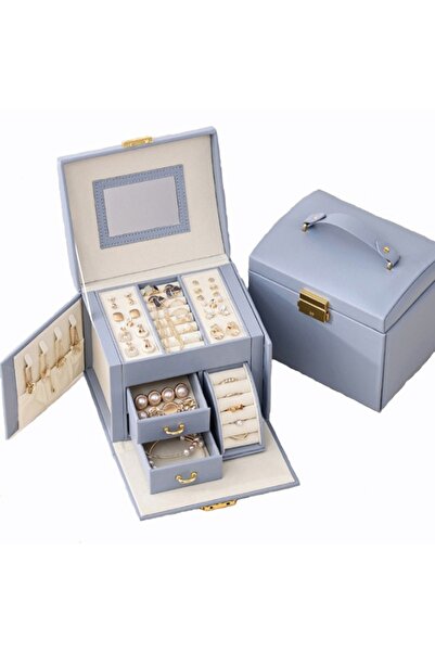 gaman Takı Taşıma Çantası - Masa Üzeri Mücevher Kutusu 3 Çekmeceli Mavi Pu Deri Anahtarlı