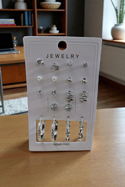 La'Vanti Designs Gümüş Rodajlı Üzeri 18k Altın Kaplama Zirkon Taşlı 9 Çift Küpe