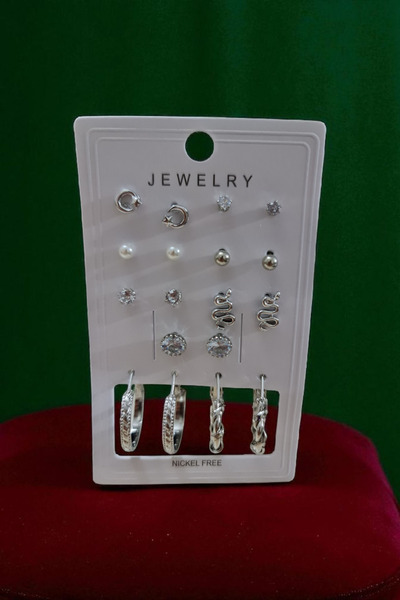 La'Vanti Designs Gümüş Rodajlı Üzeri 18k Altın Kaplama Zirkon Taşlı 9 Çift Küpe