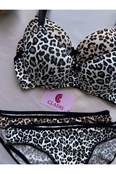 CLADİS Women's Leopard Print Breathable Stretchy Combed Cotton Push-Up Bra & Panty Set