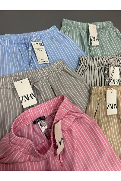 Elif Zara Çizgili Keten şort