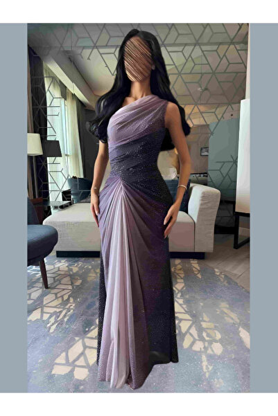 Nice Model فستان سهرة أرجواني بكتف واحد، فستان طويل لامع، مناسب للحفلات الرسمية، قماش مطاطي منسدل