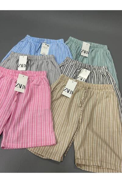 Elif Zara Çizgili Keten şort