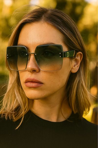 LAALUNA Oversized Rimless Square Sunglasses with Green Gradient Lenses