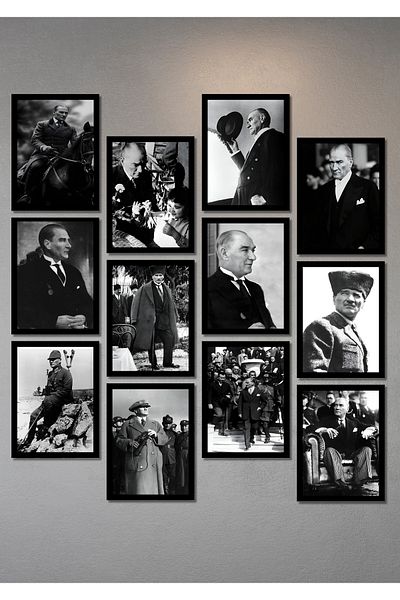 NT Handmade Ataturk Paintings 12 Piece Painting Set - Stylish Wall Decoration with Uv Printed Mdf Frame Look