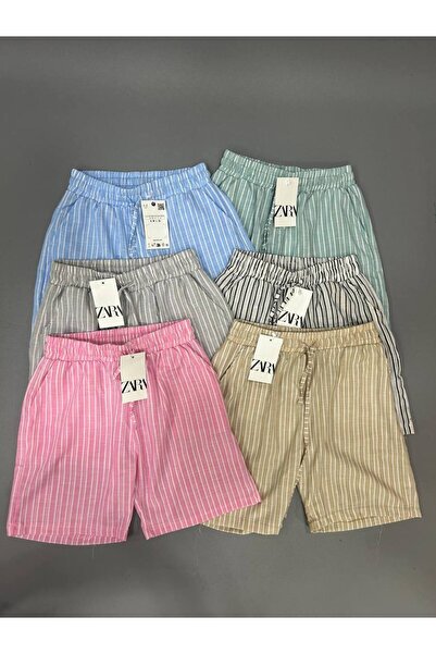 Elif Zara Çizgili Keten şort
