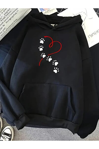 FUFLUNS سويت شيرت بقلنسوة كبير الحجم للجنسين مطبوع عليه قلب وأقدام