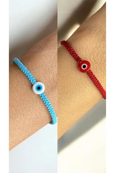 Bensei Takı Dükkanı Bensei̇ Red Glass Evil Eye Beaded Red and White Glass Evil Eye Beaded Blue 2Pcs Bracelet