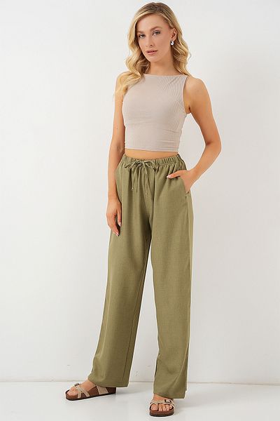 Merterium Women's Wide Leg Linen Trousers Çağla 1285