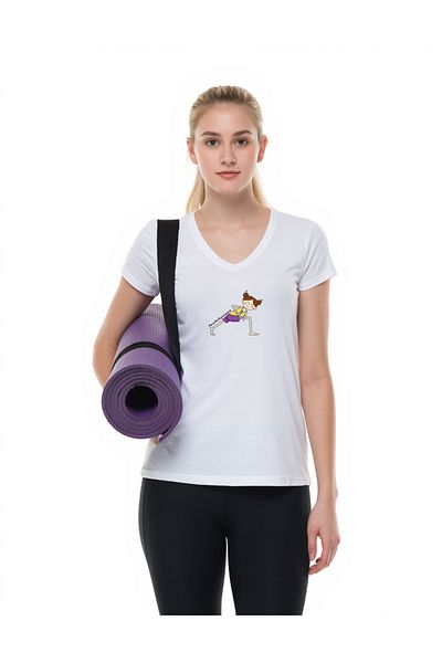 Kidilia Yoga Line Figure Visual Women's V-Neck 100% Cotton Design T-Shirt
