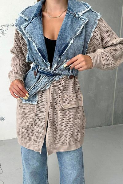 FashionForYou Violeta long cardigan, knitted with denim and matching cord, Beige, L