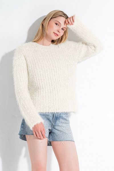 NATUFIAN STORE Women's Ecru Glitter Soft Oversize Basic Crew Neck Knitwear Sweater