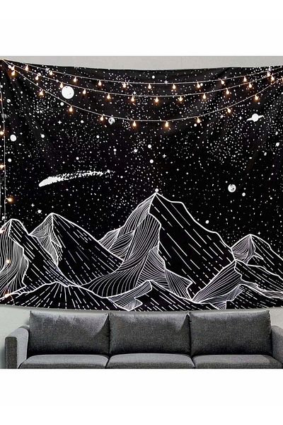 Generic SYOSI Mountain Moon Tapestry Wall Hanging, Black and White Nature Starry Night Sky Stars Tapestry w